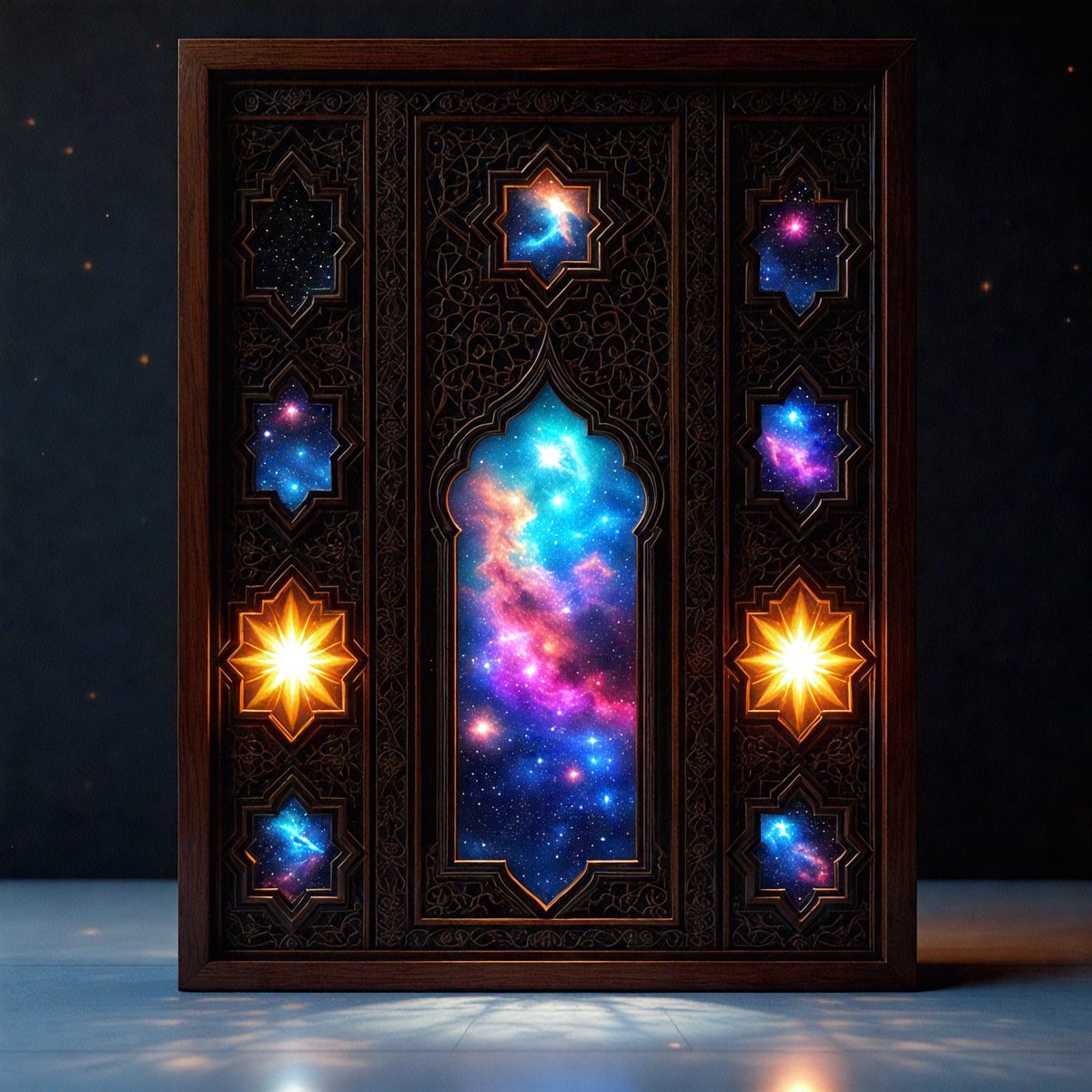 The primary subject of the image is a wooden box with a stained glass window. The box is decorated with a star pattern, and the stained glass window features a blue and purple background with a starry sky. The setting is a dark room, and the visual style is a combination of digital art and traditional stained glass. The colors and mood of the image are predominantly blue and purple, creating a serene and peaceful atmosphere.